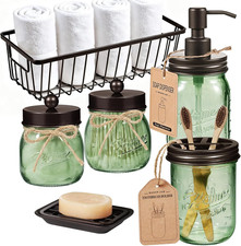 Green Bathroom Accessories Set, 6Pcs Mason Jar Glass Bathroom Set, Lotion Soap D