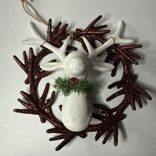 Kitschy Deer Head Mount On Antler Wreath Glittered Christmas Orn Decor 6” x 6”