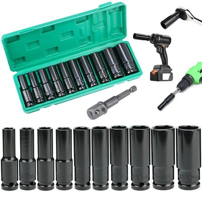HASERY tiefer Steckschlüsselsatz 1/2 Zoll 10 bis 24 mm, extra lange Reichweite, 11-tlg. Impact