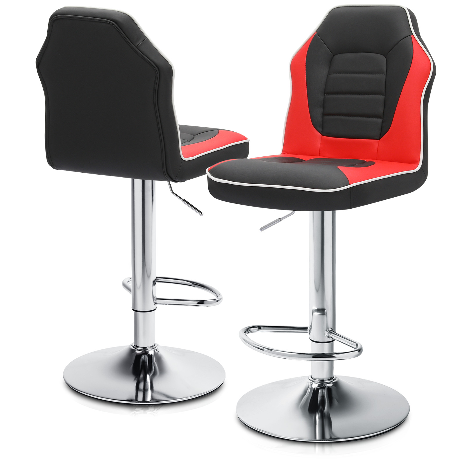 Set of 2 Red Leather Bar Stools Adjustable Swivel Dining Seat Gaming Chair Style