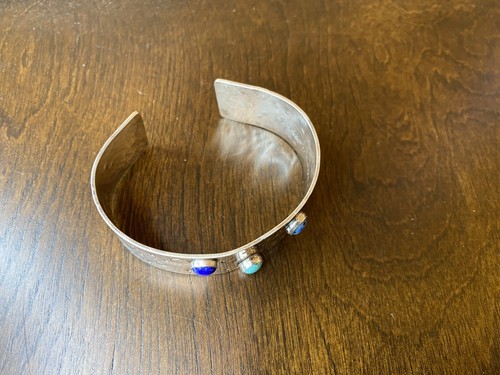 Multi Stone Lapis Cuff Bracelet ~ Inscribed inside ~ Silvertone Cuff - Picture 3 of 9