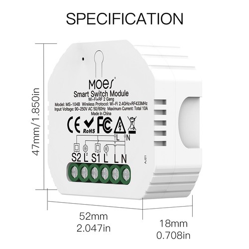MOES WLAN RF Smart Lichtschalter Unterputz Relais Modul 2 Way Alexa Google App - Bild 23 von 25
