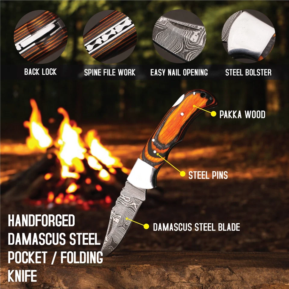 Personalized Damascus Folding Pocket Knife – EDC Blade, Leather Sheath - Image 3 of 4