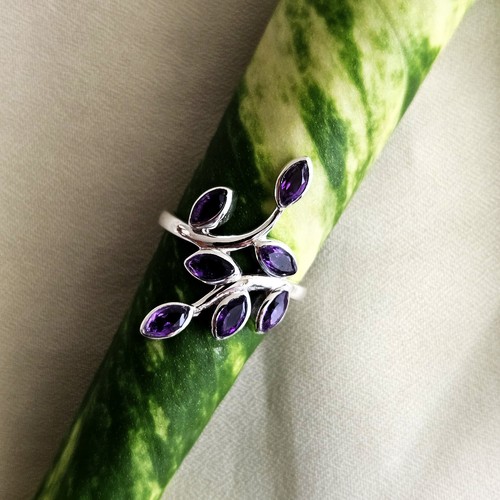 925 Sterling Silver Peridot Amethyst Birthstone Leaf Ring Halloween silver ring - Picture 17 of 25