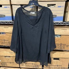 I.N. STUDIO Black Silky Satin Poncho Overlay Layered 2 pc Blouse Plus Size 2X AY