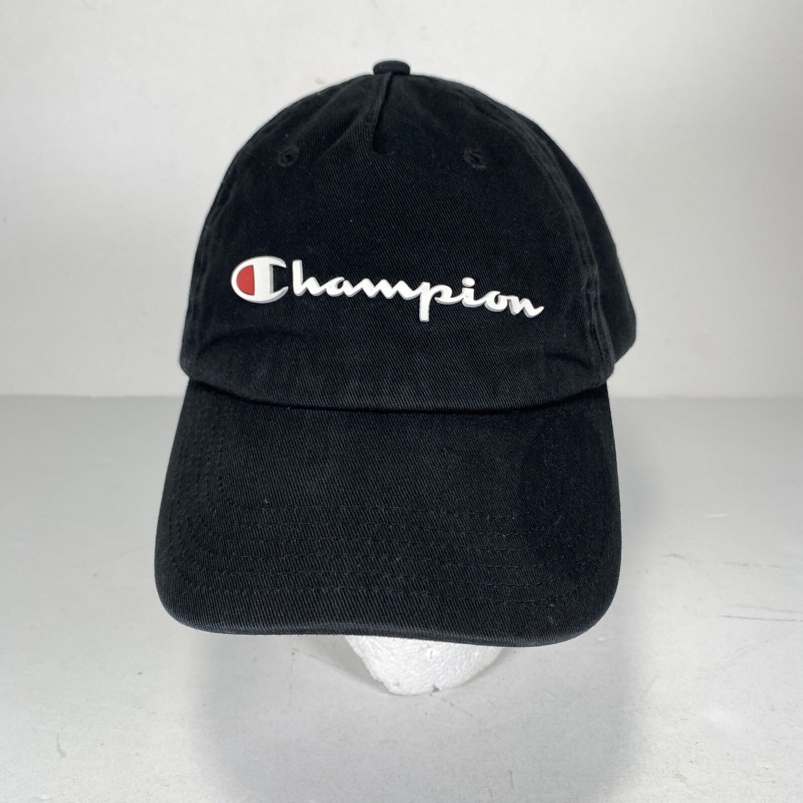 Champion Adjustable Strapback Baseball Cap with Spellout Script Logo in Black for Dads