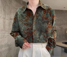 Men's Spring Fashion Retro lapel Long Sleeve Loose Floral Shirt Youth Party Tops