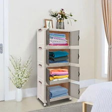 4 Tier Foldable Organization with Doors & Wheels Folding Storage Cabinet Shelf
