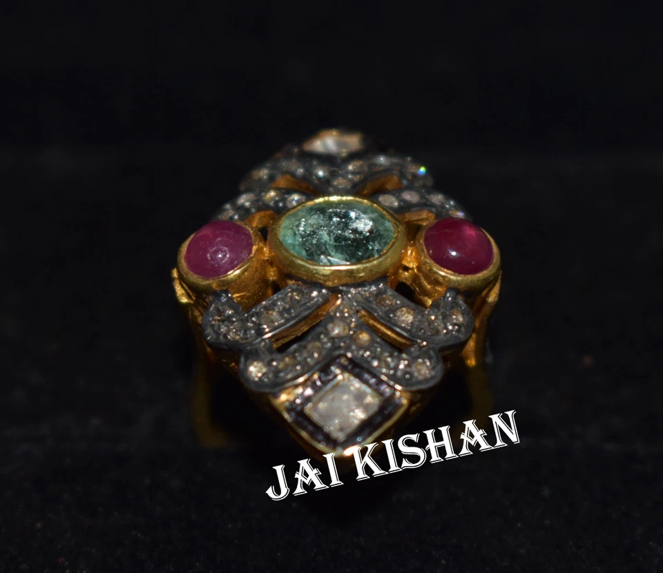 Smeraldo Rubino Gemma Polki Pavè Diamante 925 Argento Sterling Vittoriano Anello - Immagine 4 di 4