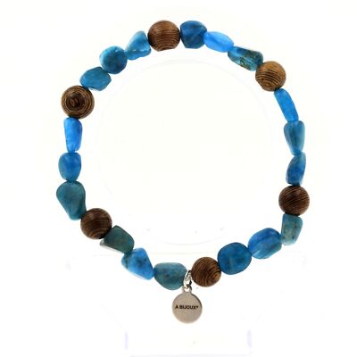 Blue Apatite Bead Bracelet From Brazil + Wood 8 Mm. Made In France. Size