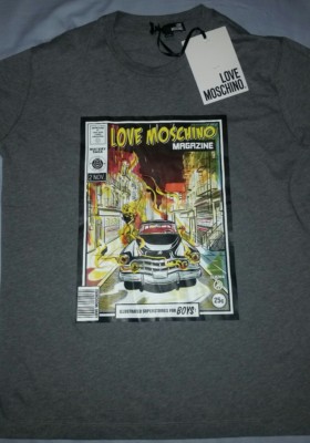 Love Moschino Magazine Cover Comic Graphic T-Shirt Milano Couture Grey Crewneck