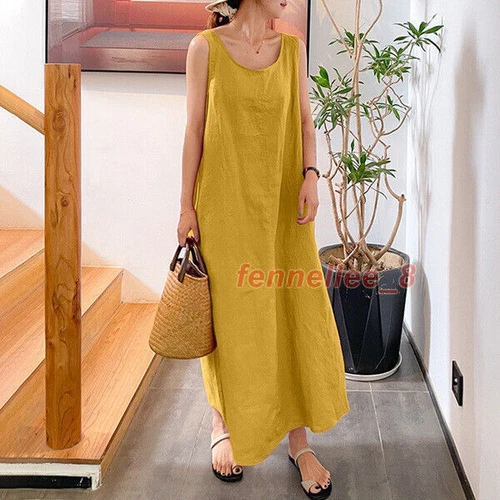 Womens Loose Camisole Dress Round Neck Cotton Linen Pocket Sleeveless Long Gown - Bild 18 von 30