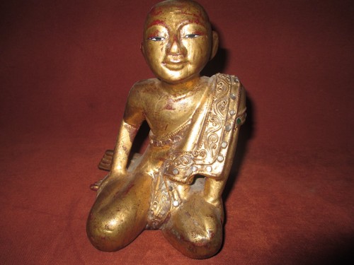 Miniature Burmese gilt carved teak seated  Buddhist monk 7" x 6"
