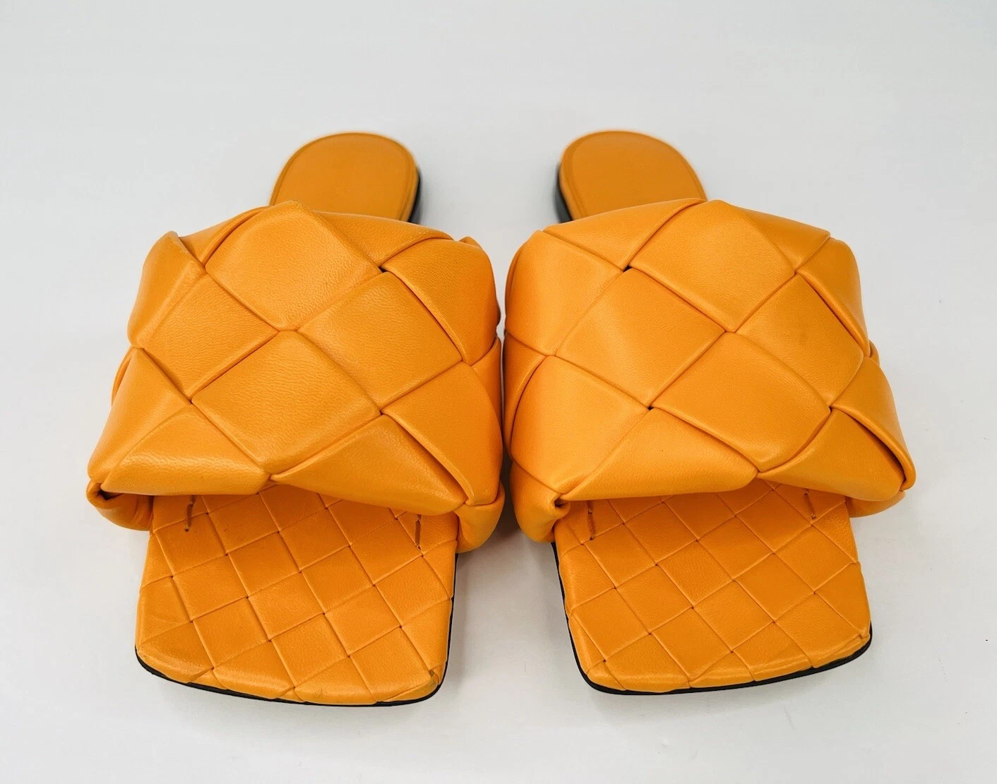 SANDALI PIATTI BOTTEGA VENETA LIDO INTRECCIATO MANDARINO TESSUTO PELLE TAGLIA EU 35