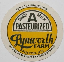Vintage milk bottle cap LYNWORTH FARM Pasteurized Fulton New York new old stock