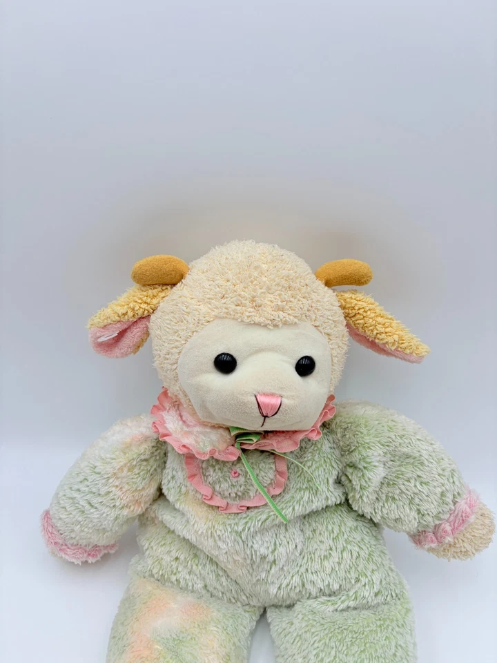 Винтажный ягненок плюшевый зеленый желтый наряд розовый воротник шеи козлиные рога 18» - Изображение 2 из 4