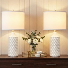 23" White Ceramic Table Lamp with Gold Base and 3 Color Bulbs, Drum Shade