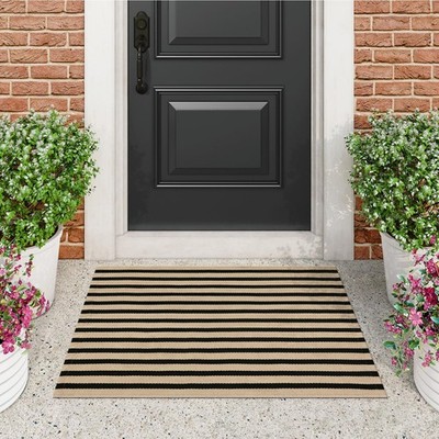 Black and Tan Striped Outdoor Rug, 2 x 3 Small Cotton Front Porch Rug Washabl...