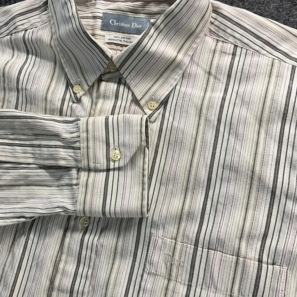 迪奥衬衫男式 16.5 大号灰色条纹纽扣长袖意大利 — 第 2/4 张图片