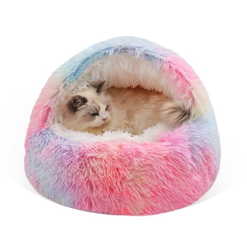 Cat Bed Round Fluffy Hood Cave with Non-collapsed Plush Cover,Cat Bed Donut f...