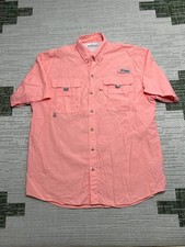 Columbia PFG Super Bahama Fishing Shirt Mens Medium Pink Logo Vented Camp Collar