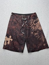 Affliction Board Shorts Mens 32 Brown Gothic Cross Eagle Skull Surf Swim Trunks