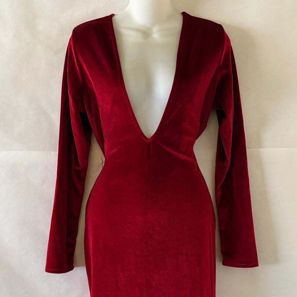 Vestido Midi Vintage Magia Rojo Terciopelo Talla L Profundo V Manga Larga Bodycon Retro Glamour Foto 3 de 4