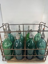 8 RARE 14  Romania Sibiu Seltzer Bottles In Metal Carrier 1920-1930s Green