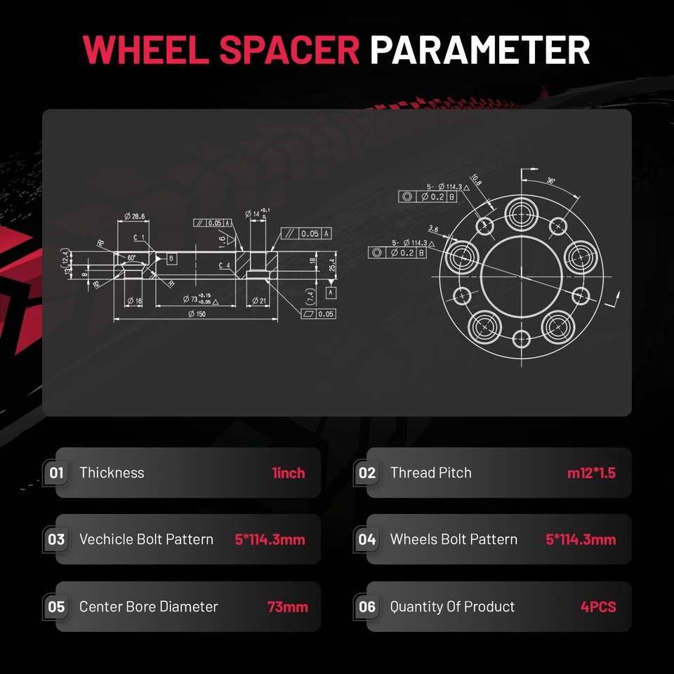 (4) 1-дюймовые колесные распорки 5x4,5 5x114,3 12x1,5 для Lexus NX300h 2015-2019 годов выпуска - Изображение 2 из 4
