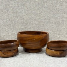 Vintage Hand-Carved Wooden Bowl Salad Set Large Serving Bowl 4 Small Bowls