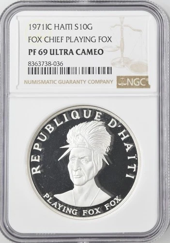 1971 C HAITI Silver 10 GOURDES NGC PF-69 FOX CHIEF PLAYING FOX