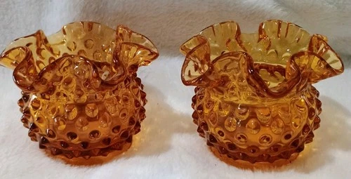 Vintage Fenton Art Glass 3" Amber Gold Hobnail Ruffled Open Rose Bowl Vase