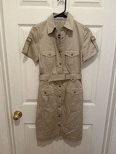 Calvin Klein Womens Size 2 Khaki Safari Shirt Dress Belted Button Front Utility