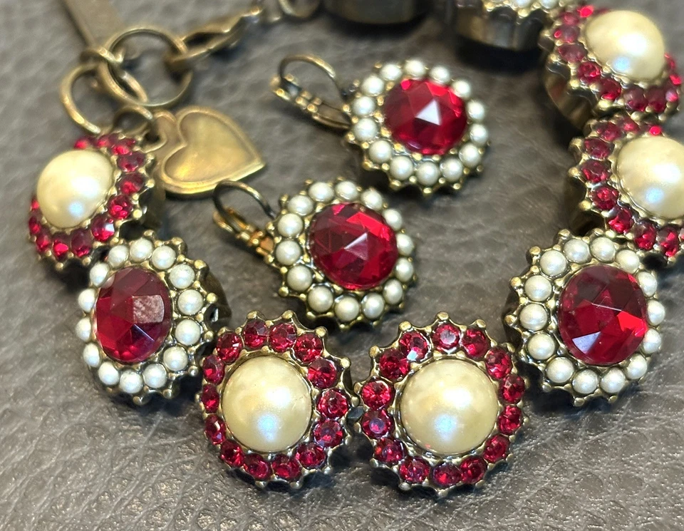 Mariana Siam Red Rhinestone Crystals & Faux Pearls Bracelet Earrings Set - Image 4 of 4
