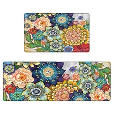 Boho Floral Kitchen Rugs Mats for Floor 2 Piece Memory Foam Padded Kitchen Ma...