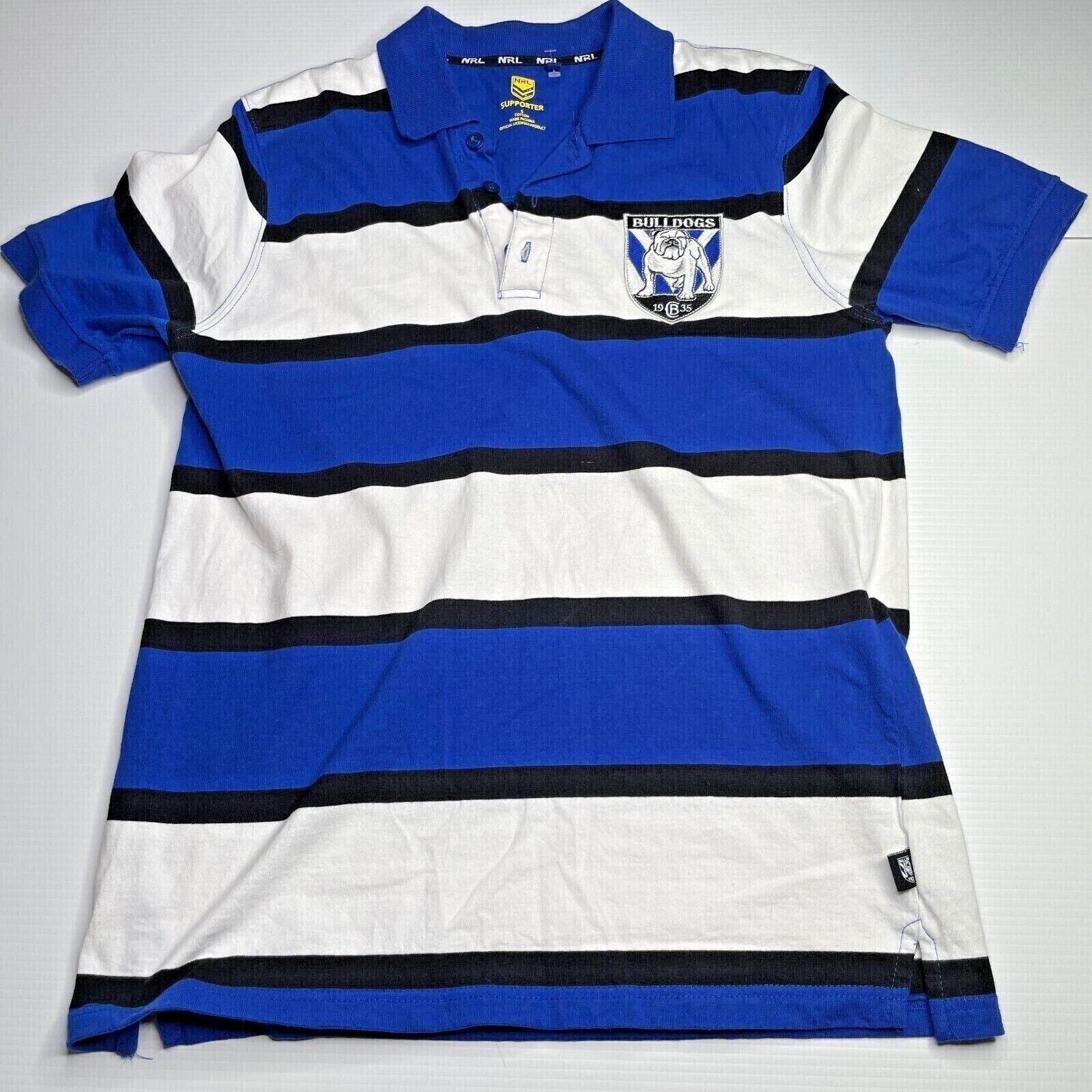 NRL Supporter Bulldogs Striped Logo Polo Shirt Mens Size S Blue Casual Sports