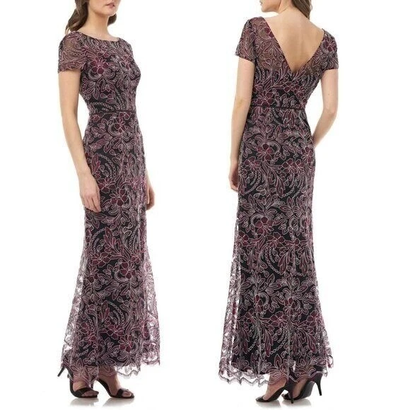 长晚礼服 2 XS 紫色黑色花卉美人鱼婚礼 JS 系列新品 — 第 2/4 张图片