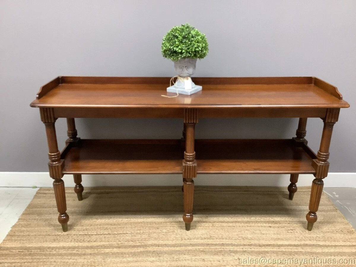 Vintage Wood Console Library Sofa Table Lower Shelf Fluted Legs