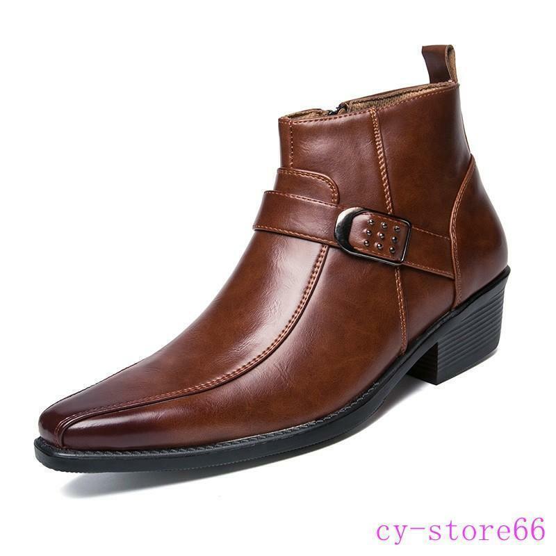 Mens Zip Business Buckle Retro Ankle Chelsea Boot Cuban Heel