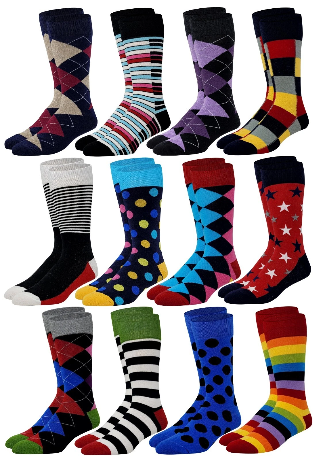 12 Pairs Men's Funky Fancy Design Colorful Premium Quality Dress socks 10-13