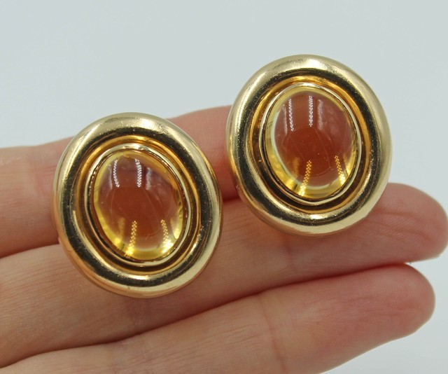 Vintage Large Citrine Cabochon Oval 14K Yellow Gold French Clip Pierced