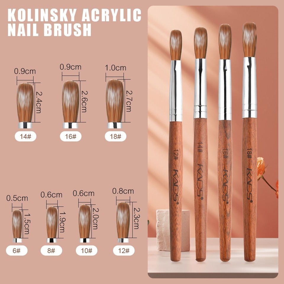KADS Kolinsky Acrylic Nail Brush - Crimped, Red Wood Handle, Sizes 2-18 For Acrylic Powder