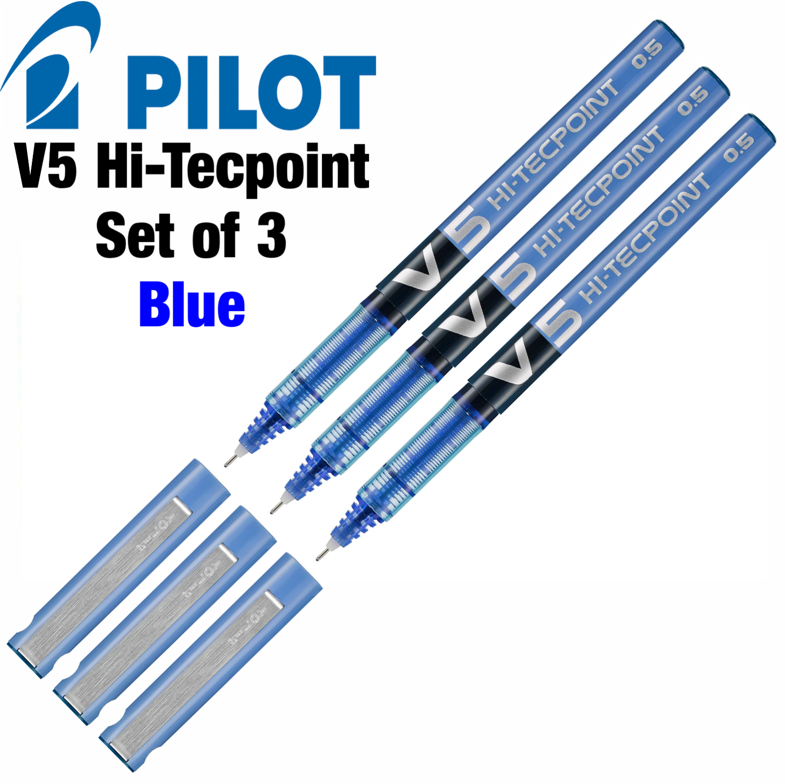 Pilot V5 Hi-Tecpoint Rollerball Liquid Ink Pen 0.5mm BX-V5 BLUE Ink Set of 3