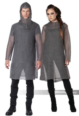 Metallic Knit Chainmail Tunic and Cowl Medieval Renaissance Adult Costume