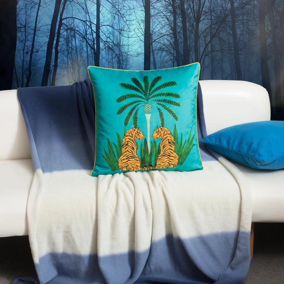 Decorative Tiger Embroidered Design Throw Pillow Cover Tropical Palm Pillowca... - Image 2 of 4