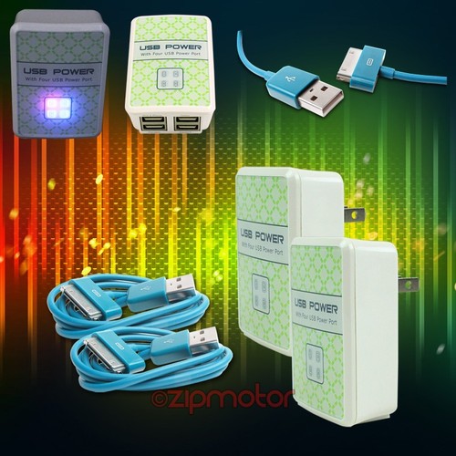 2X 4 USB PORT WALL ADAPTER+3FT CABLE POWER CHARGER DATA AQUA FOR GALAXY TAB NOTE