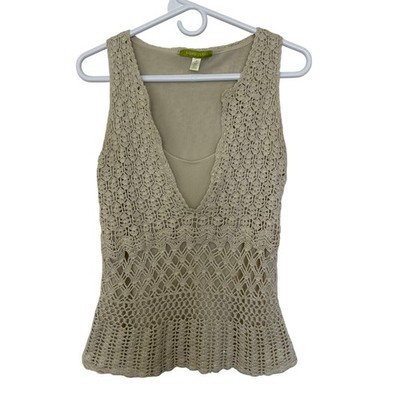 Sigrid Olsen Crochet Knit Sleeveless Top Size M Silk Cotton Beige Festival Boho