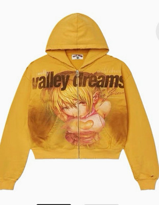 Valley Dreams gold rush  Yellow Full Zip Graphic Fleece Hoodie Cotton Size L