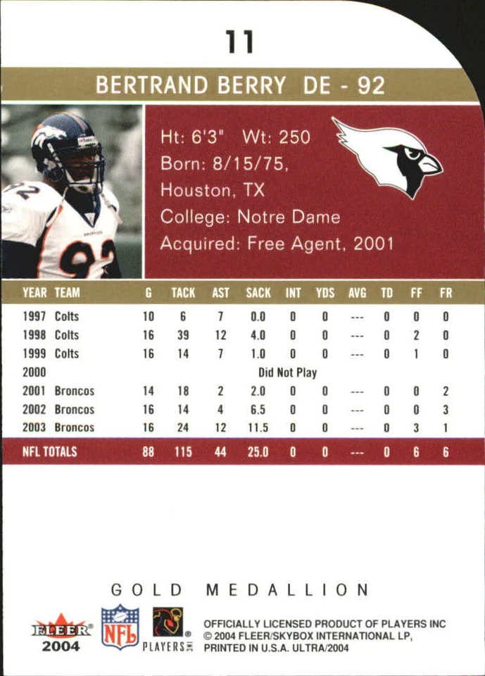 2004 Ultra Gold Medallion #11 Bertrand Berry - FB - Image 2 of 2