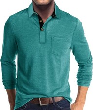 Mens Long Sleeve Polo Shirt Casual Cotton Stretch Collared Tee Wrinkle Free Top